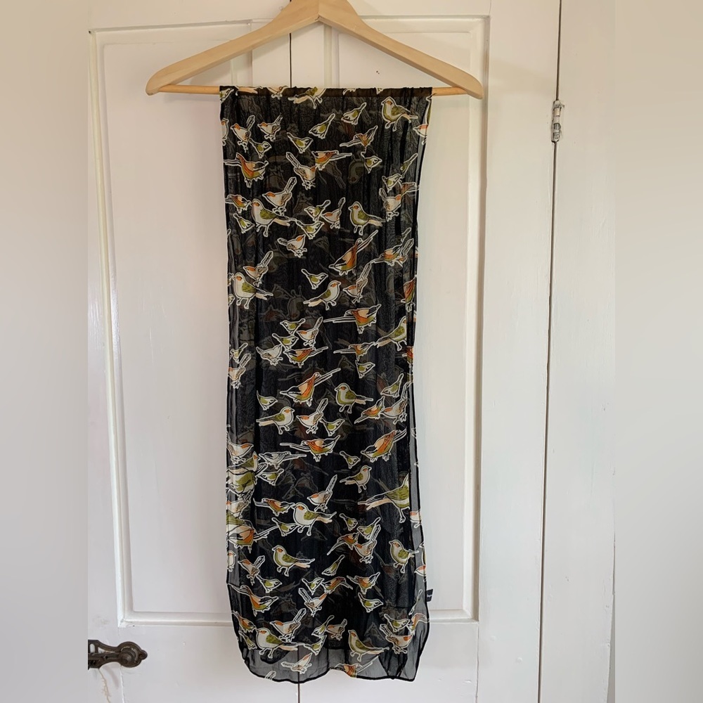 Banjara Black Scarf with Multicolor Bird Print Rayon Green Orange White Flowy‎